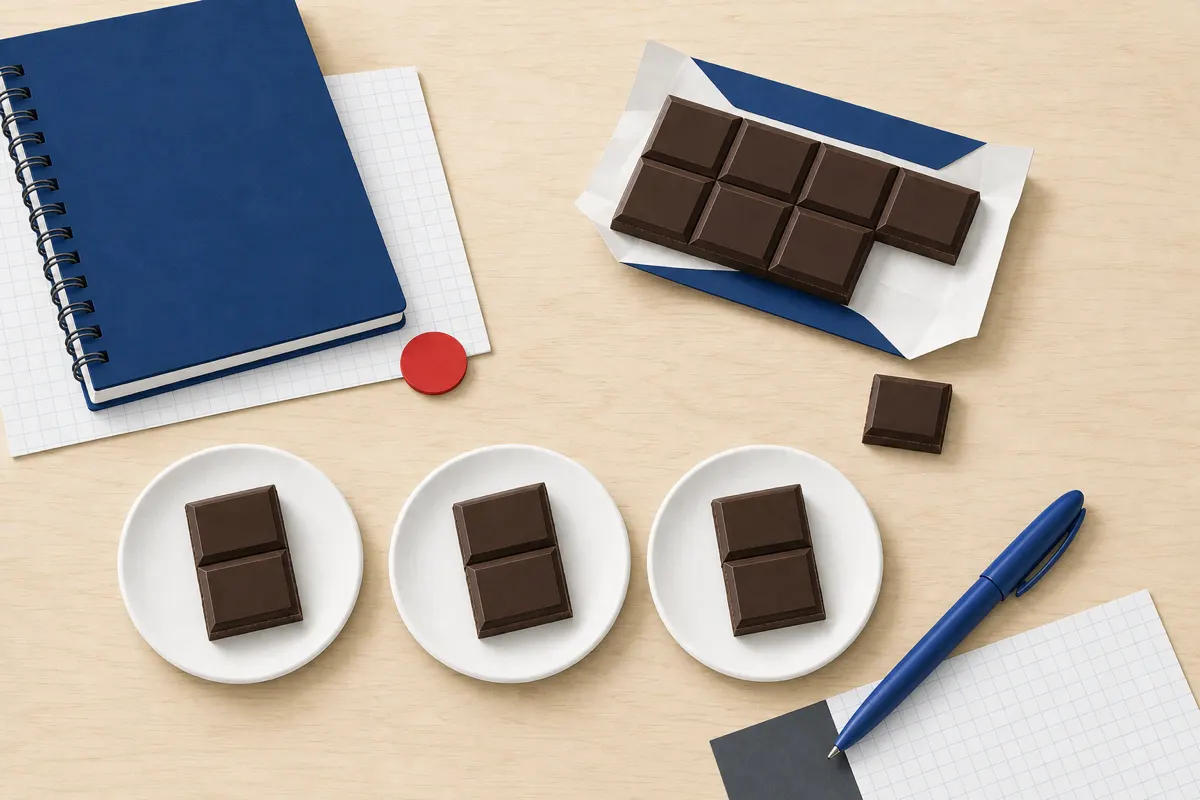 Chokoladebar brækket i lige store stykker fordelt på tre små tallerkener med et stykke til overs